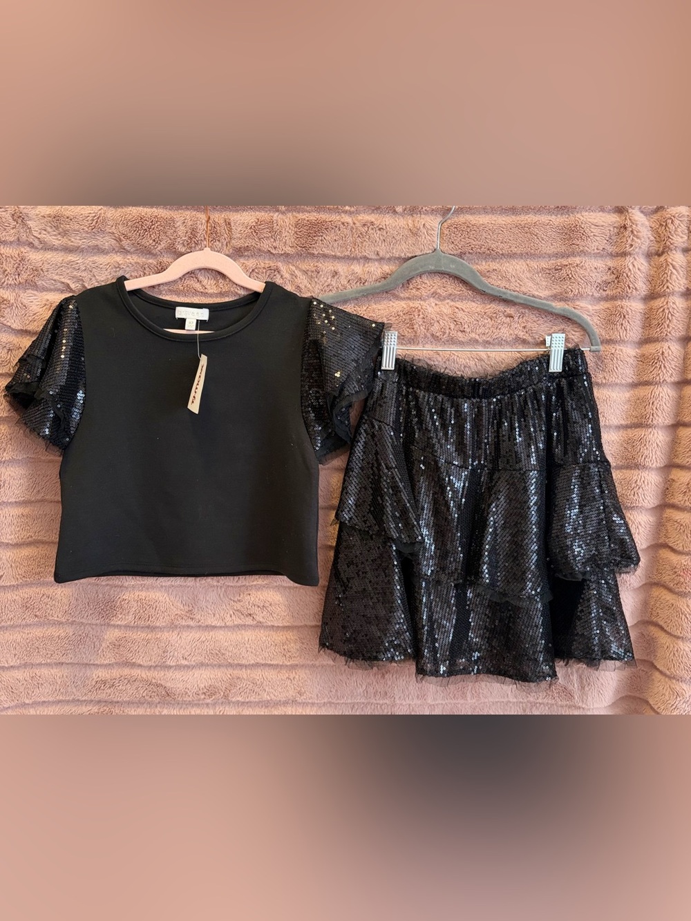 BTWEEN Black Sequin Flutter Sleeve Crop Top - Girls